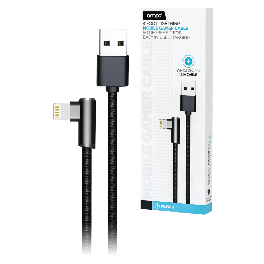 AMPD 90 Degree Gamer USB A to Apple Lightning Cable-Black by AMPD