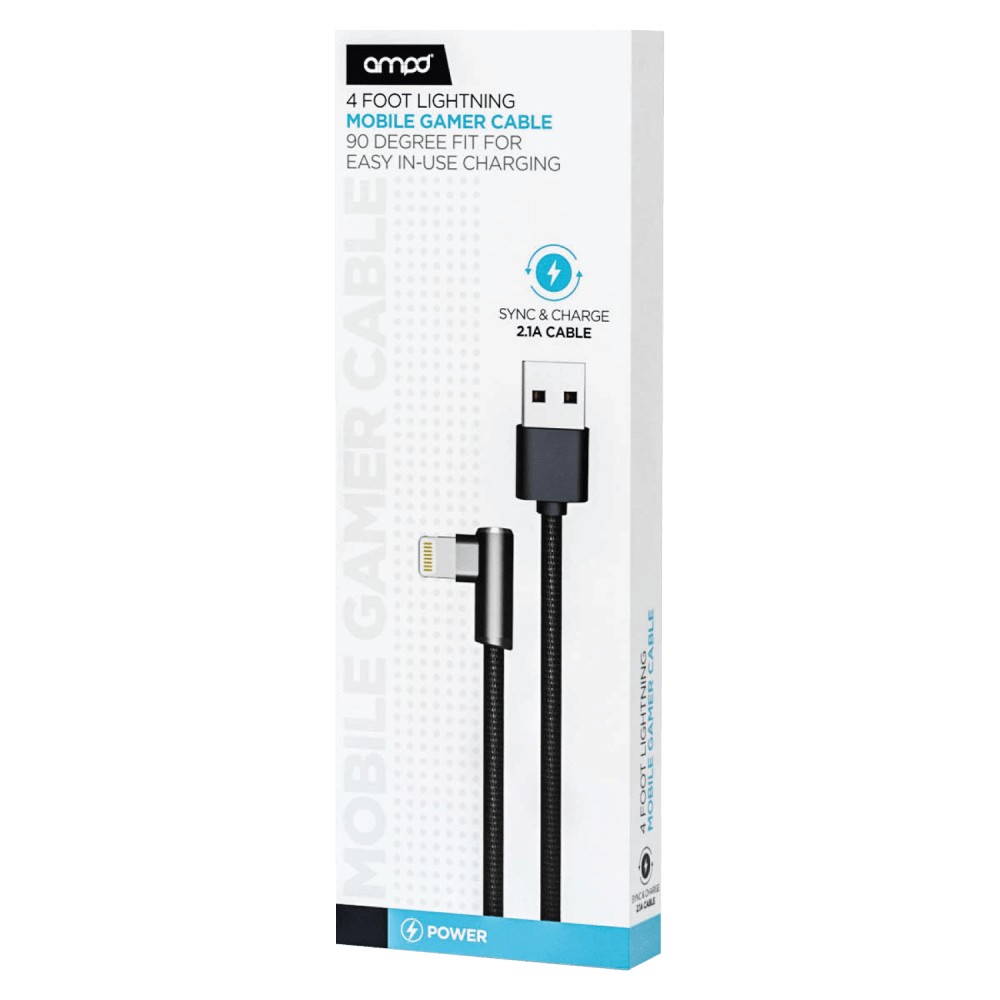 AMPD 90 Degree Gamer USB A to Apple Lightning Cable-Black by AMPD
