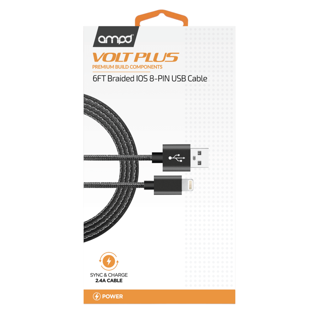 AMPD Volt Plus USB A to Apple Lightning Braided Cable 6ft-Black by AMPD