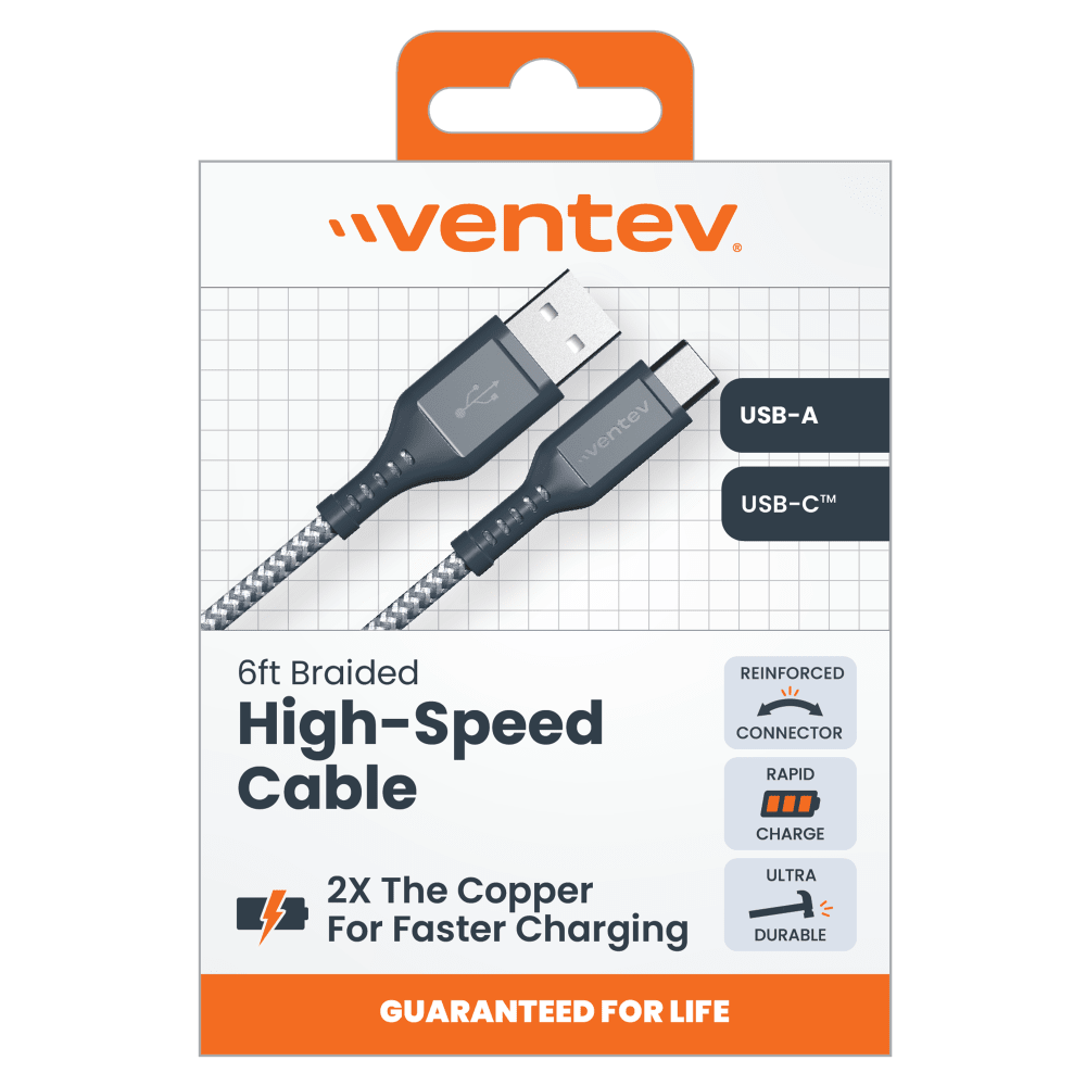 Ventev Braided USB A to USB C High Speed 6 Foot Cable-Gray by Ventev