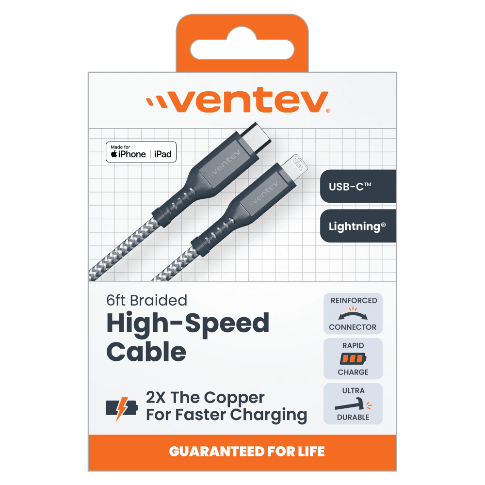 Ventev Braided USB C to Apple Lightning High Speed 6 Foot Cable-Gray by Ventev