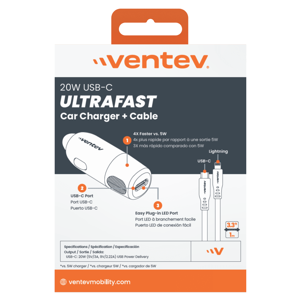 Ventev 20W ULTRAFAST USB C Universal Car Charger and USB C to Apple Lightning Cable-Gray by Ventev