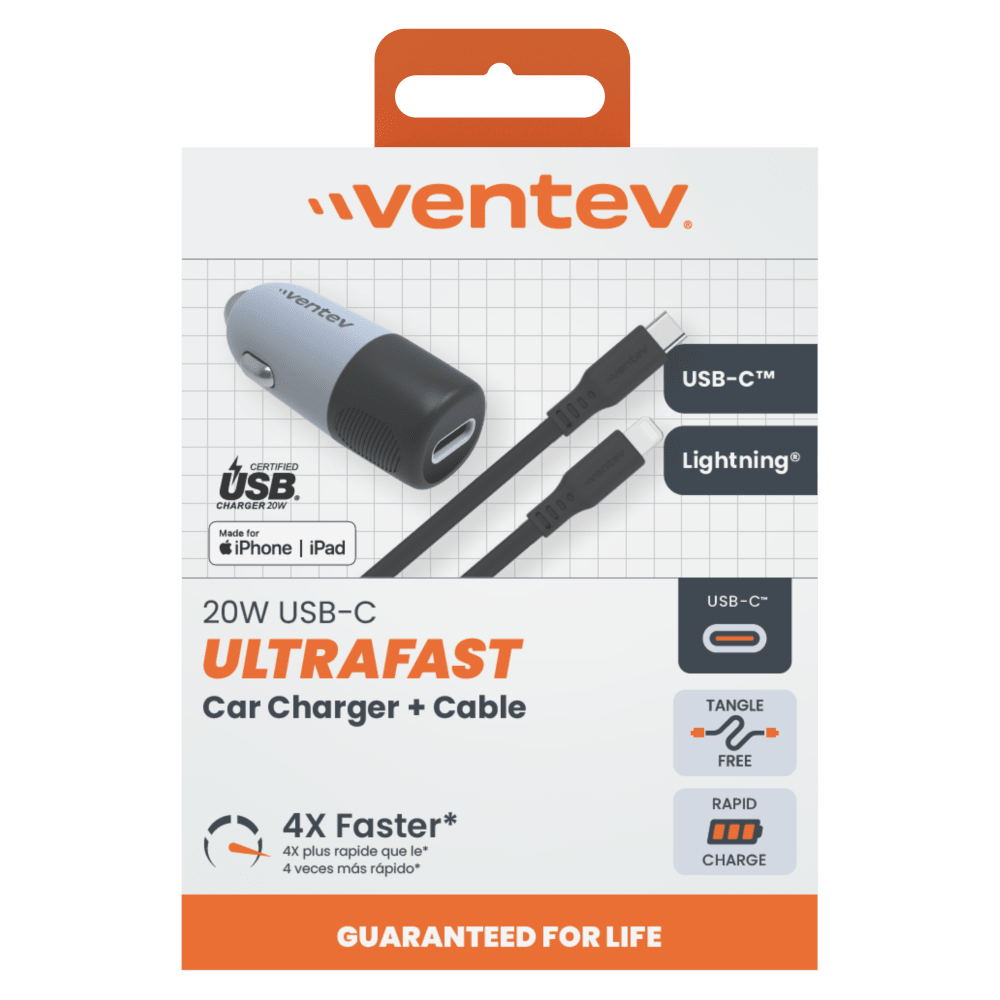 Ventev 20W ULTRAFAST USB C Universal Car Charger and USB C to Apple Lightning Cable-Gray by Ventev
