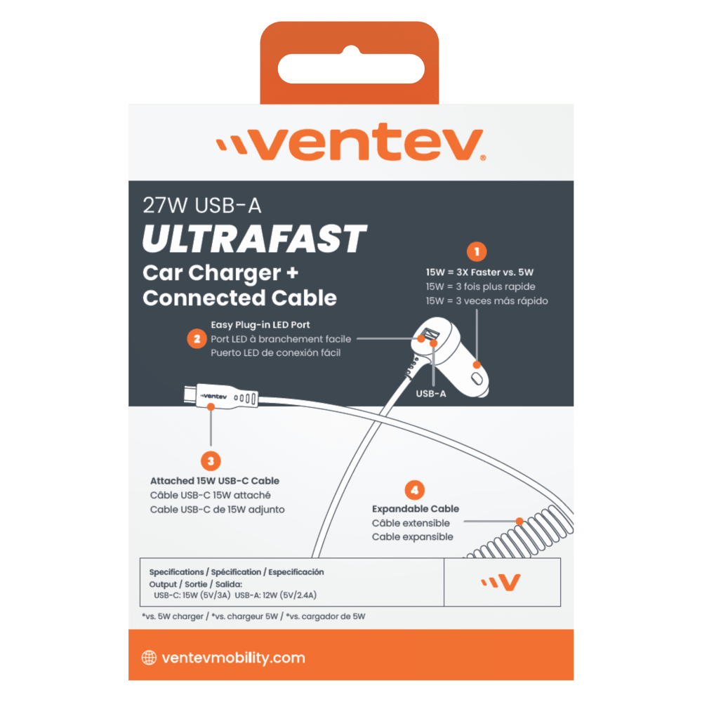 Ventev 27W ULTRAFAST Dual Car Charger with USB C Travel Cable-- by Ventev