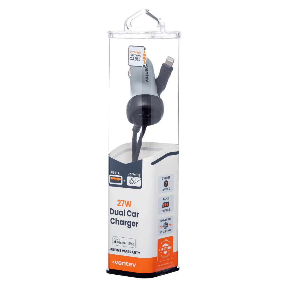 Ventev 27W ULTRAFAST Dual Car Charger with Apple Lightning Travel Cable-- by Ventev