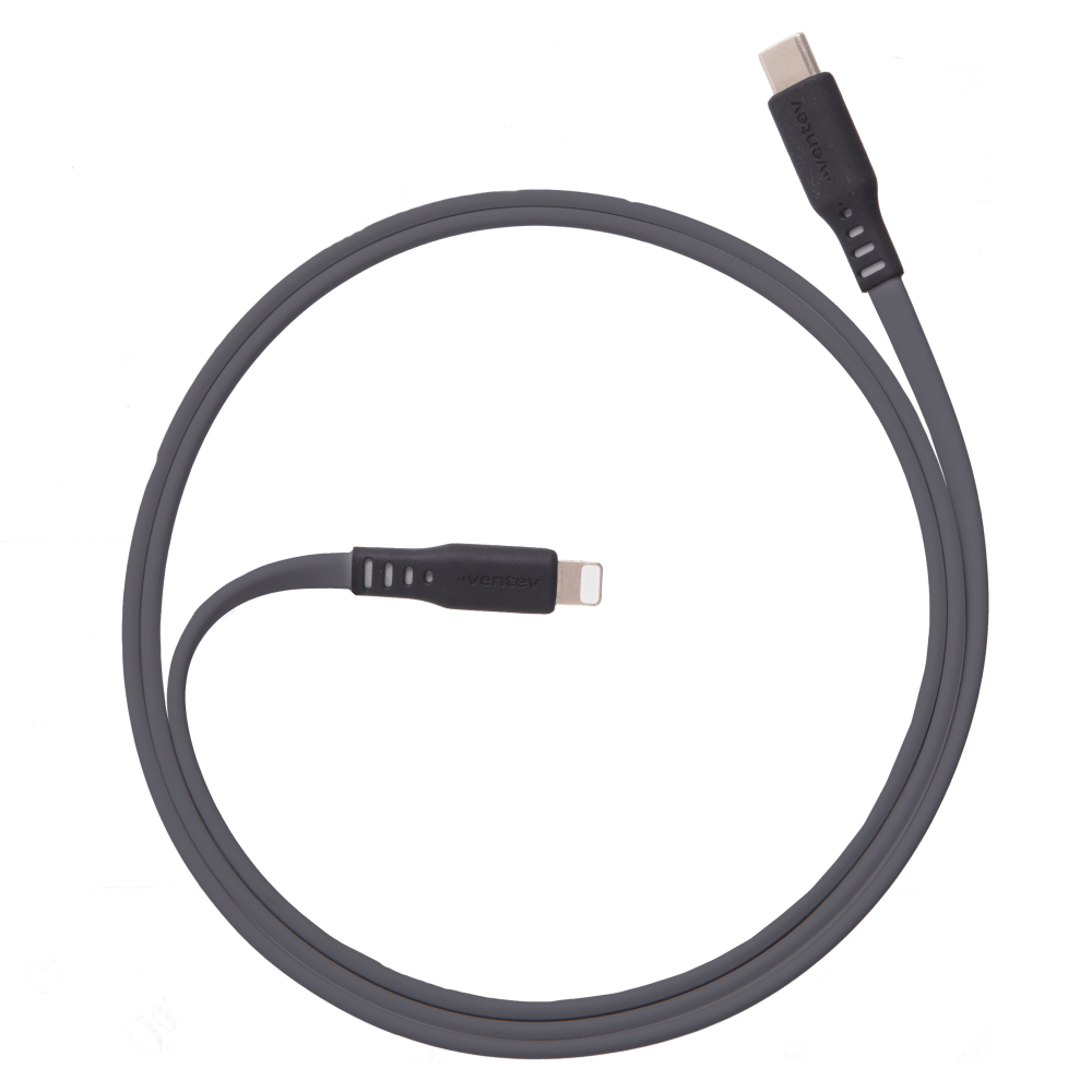 Ventev Flat USB C to Apple Lightning High Speed Tangle-Free 3 Foot Cable-Gray