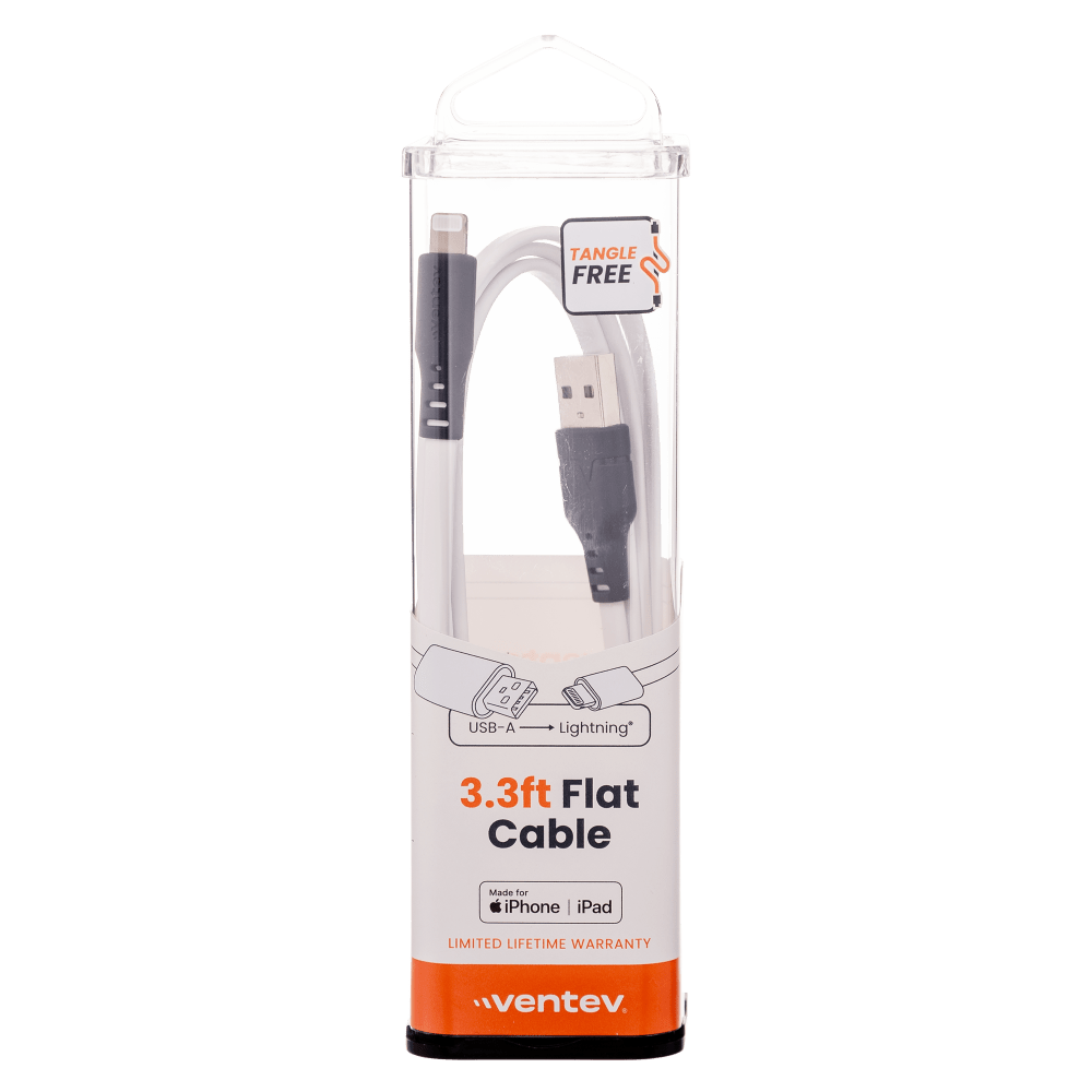 Ventev Flat USB A to Apple Lightning High Speed Tangle-Free 3 Foot Cable-White by Ventev