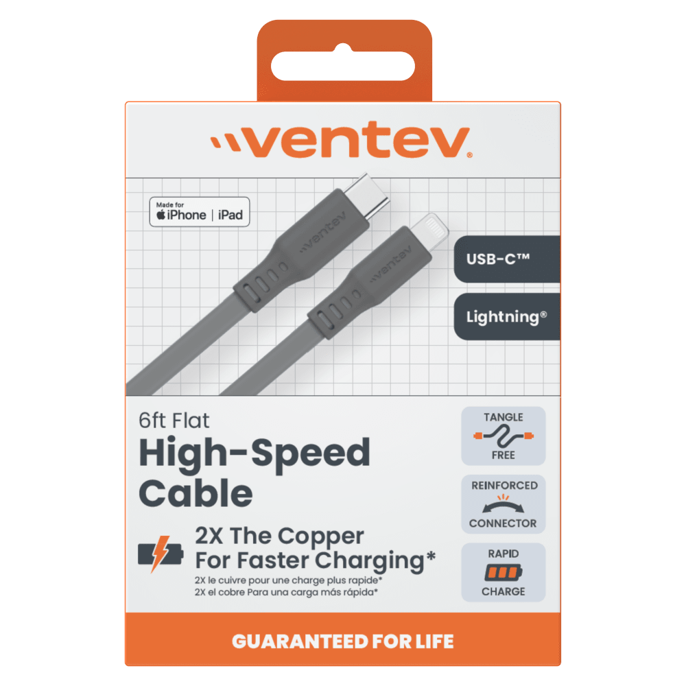Ventev Flat USB C to Apple Lightning High Speed Tangle-Free 6 Foot Cable-- by Ventev