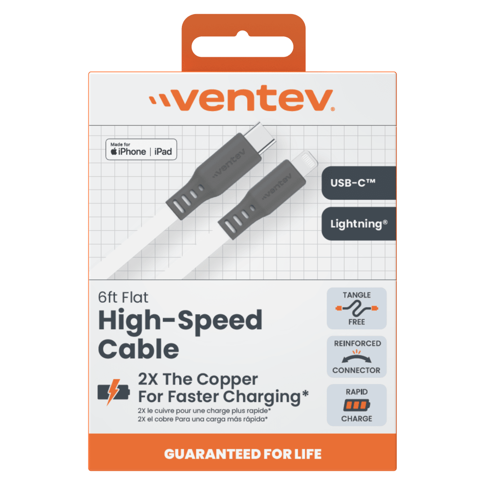 Ventev Flat USB C to Apple Lightning High Speed Tangle-Free 6 Foot Cable-- by Ventev