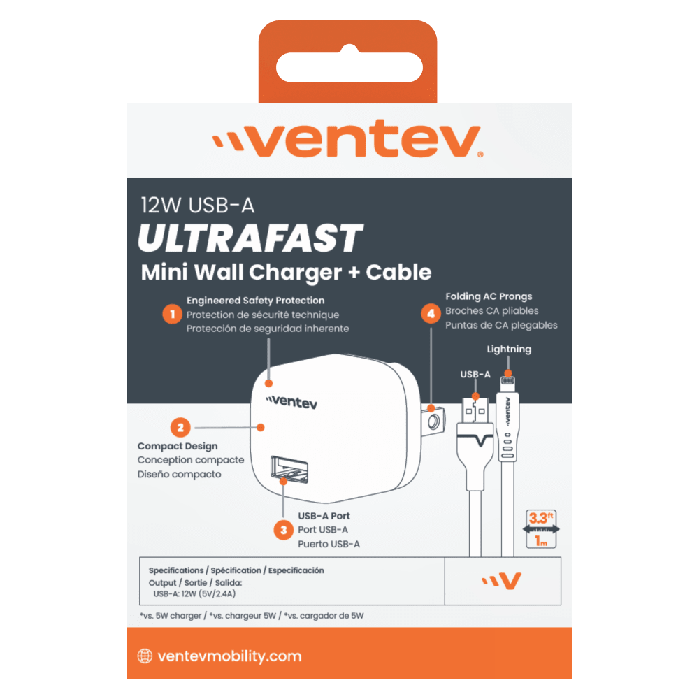 Ventev 12W USB A Universal Mini Wall Charger and USB A to Apple Lightning Cable-Gray by Ventev
