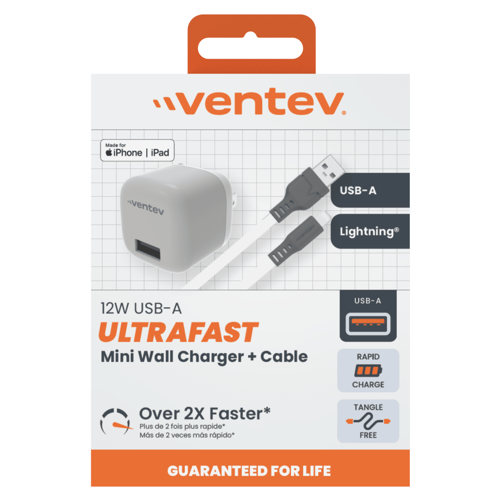 Ventev 12W USB A Universal Mini Wall Charger and USB A to Apple Lightning Cable-Gray by Ventev