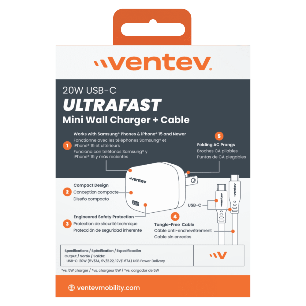 Ventev 20W ULTRAFAST USB C Universal Wall Charger and USB C to USB C Cable-- by Ventev
