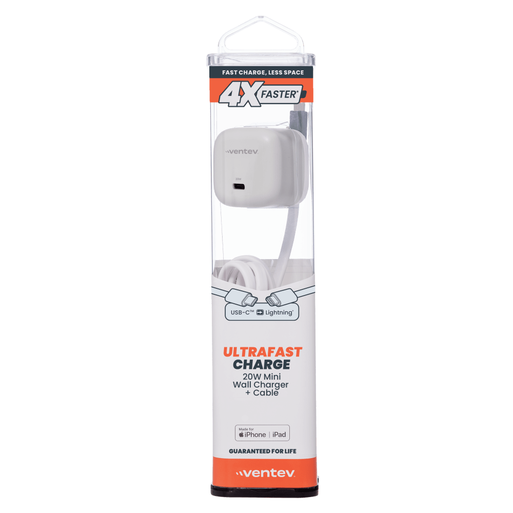 Ventev 20W ULTRAFAST USB C Universal Mini Wall Charger and USB C to Apple Lightning High Speed Cable-White by Ventev