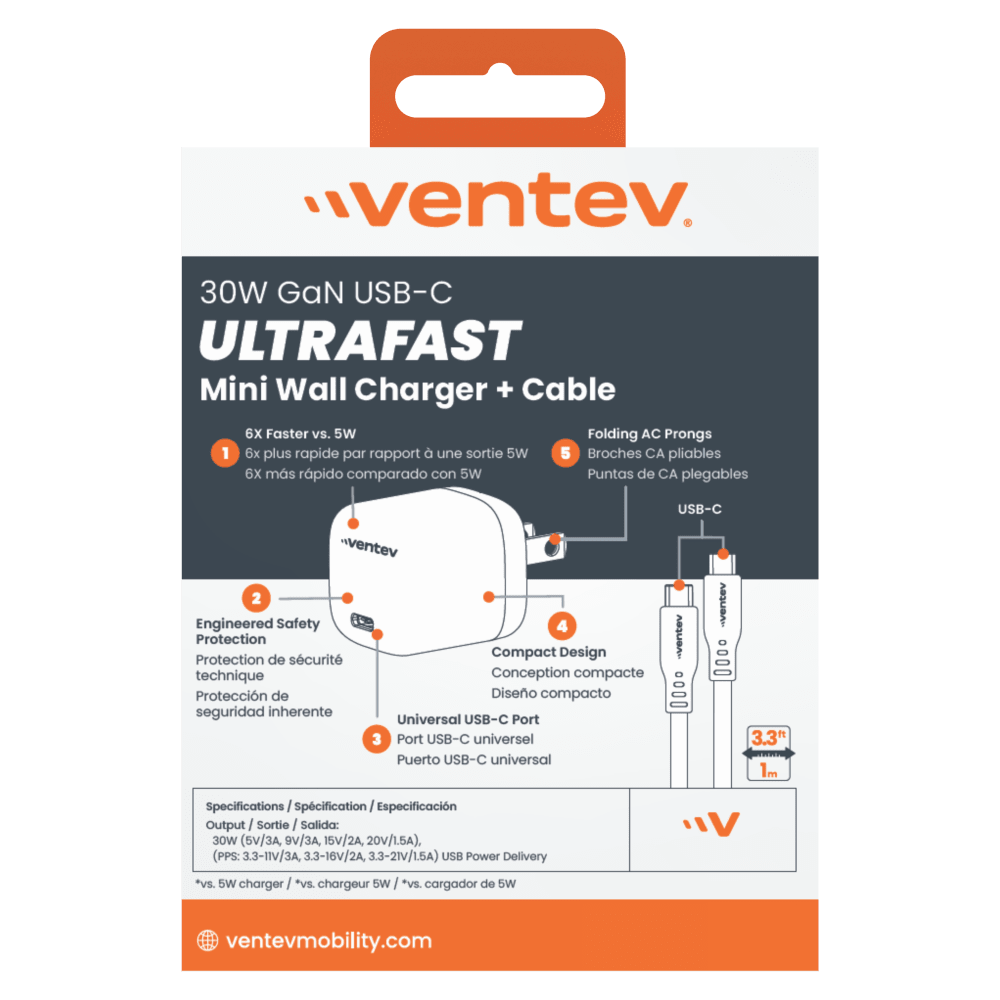 Ventev 30W ULTRAFAST USB C Mini GaN Wall Charger and USB C to USB C Cable-White by Ventev
