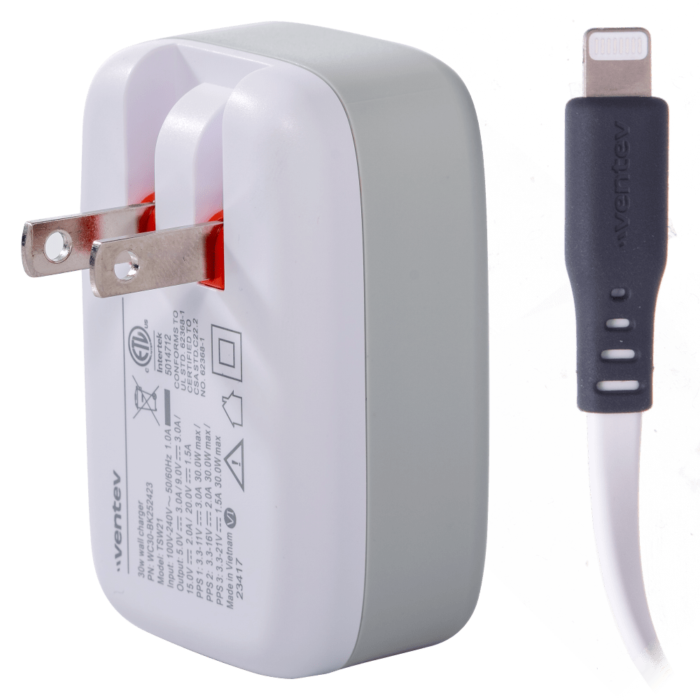 Ventev 30W ULTRAFAST USB C Universal Wall Charger with USB C to Apple Lightning Cable-White by Ventev