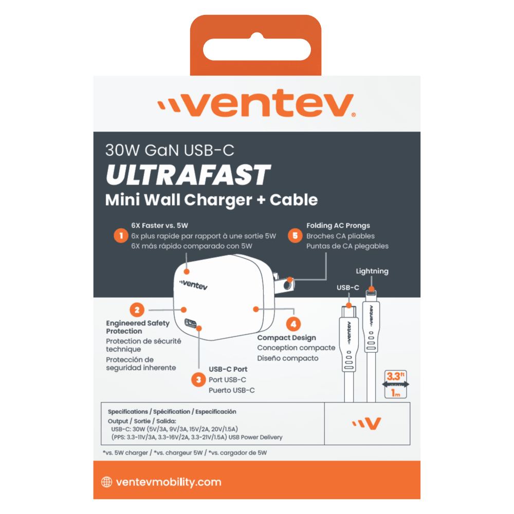 Ventev 30W Mini Wall Charger and USB C to Apple Lightning Cable-Gray by Ventev