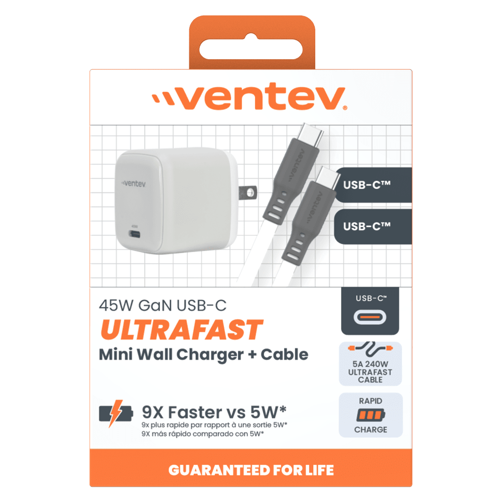 Ventev 45W ULTRAFAST USB C Universal GaN Mini Wall Charger and 240W USB C to USB C Cable-- by Ventev