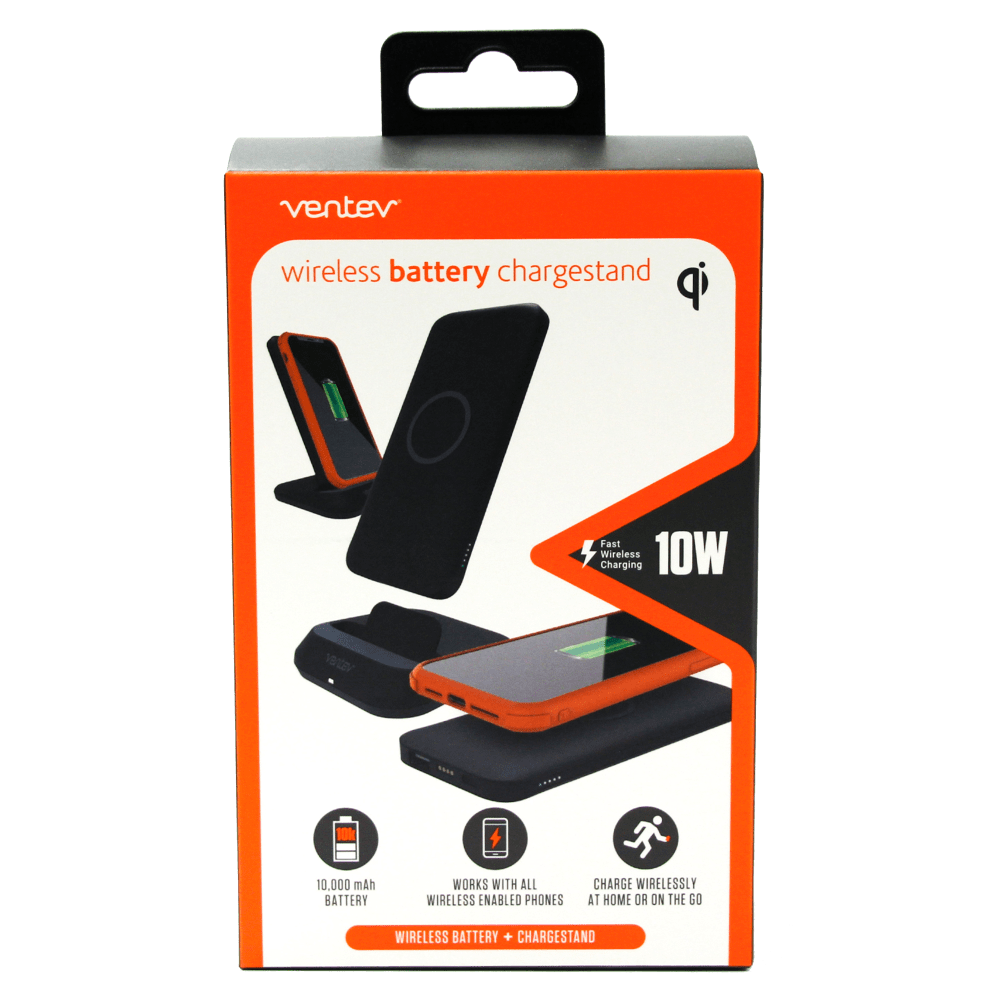 Ventev 10W ULTRAFAST 2 in 1 Charge Stand and 10k mAh Portable Battery-Black by Ventev