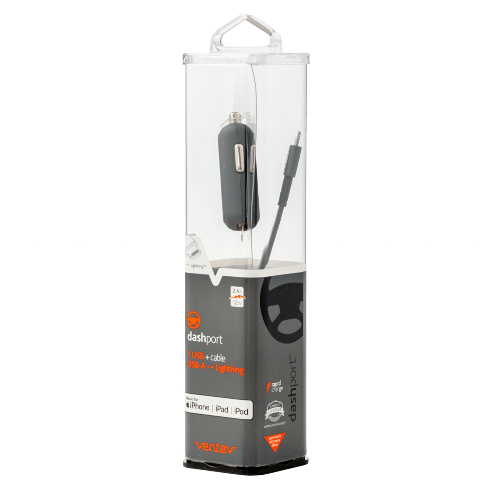 Ventev 12W USB A Mini Car Charger and USB A to Apple Lightning Cable-Gray by Ventev