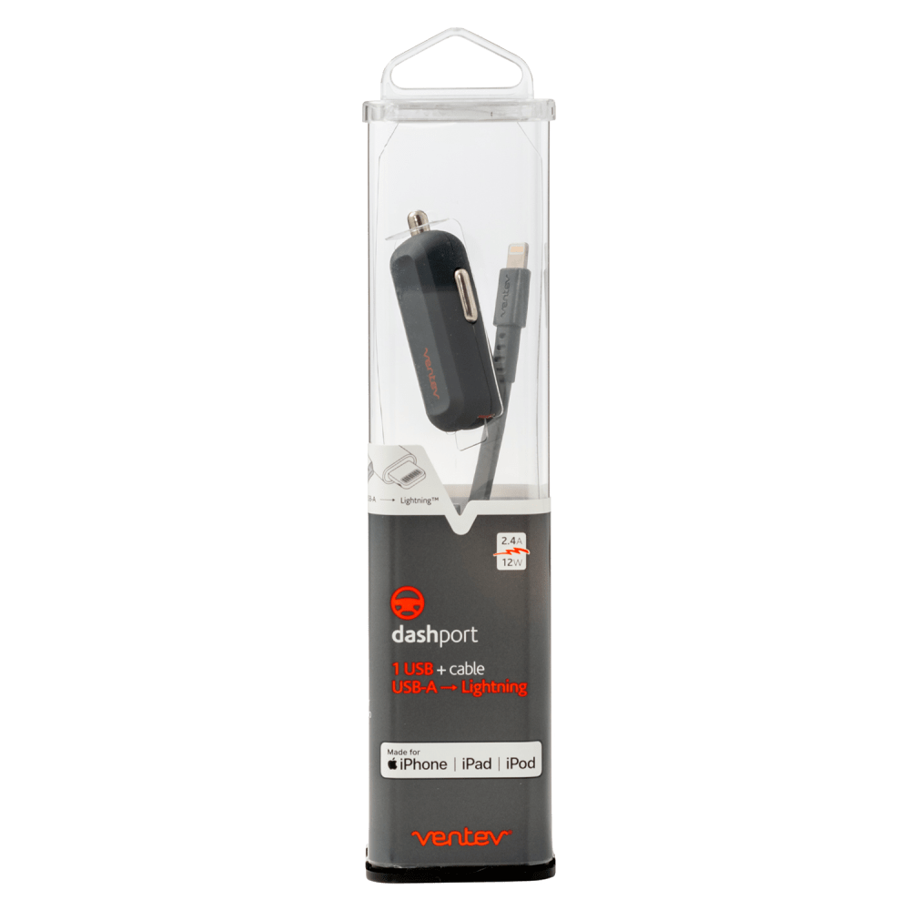 Ventev 12W USB A Mini Car Charger and USB A to Apple Lightning Cable-Gray by Ventev