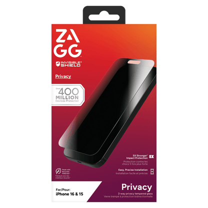 ZAGG Invisible Shield Glass Elite Privacy Screen Protector for Apple iPhone 16 / iPhone 15-Clear by ZAGG