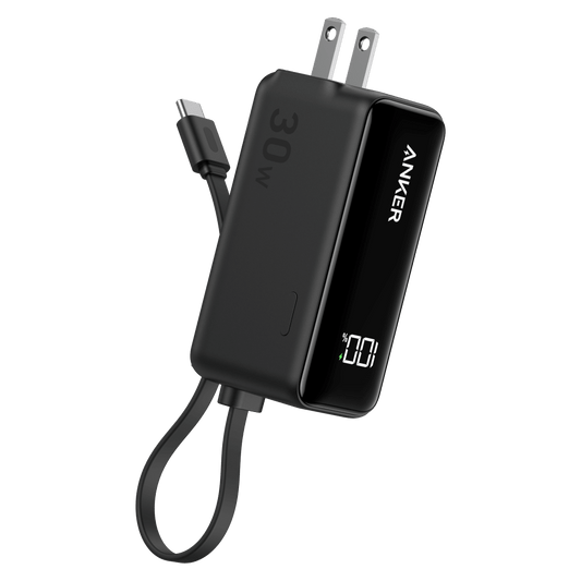 Anker Power Bank 5,000 mAh 22.5W with Built in USB C Cable and Fusion Wall Charger 30W-Black by Anker