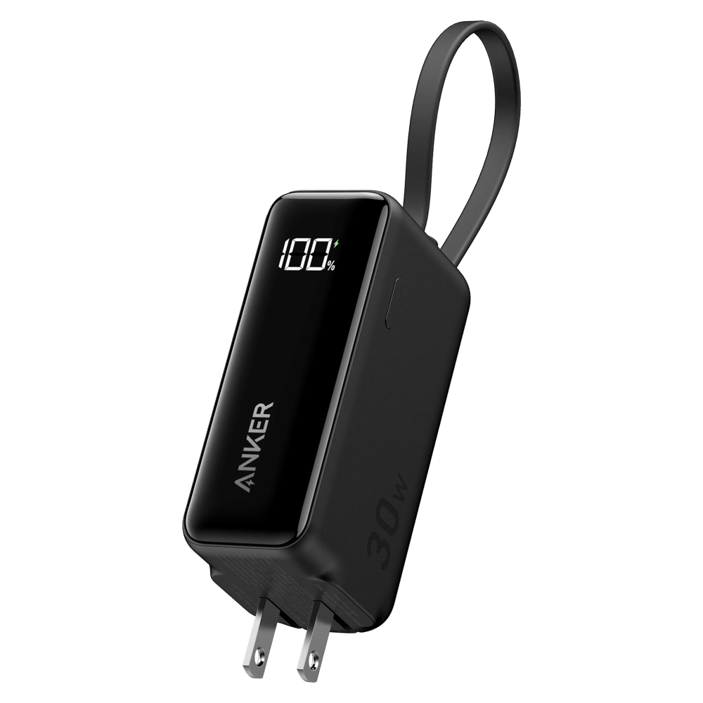 Anker Power Bank 5,000 mAh 22.5W with Built in USB C Cable and Fusion Wall Charger 30W-Black by Anker