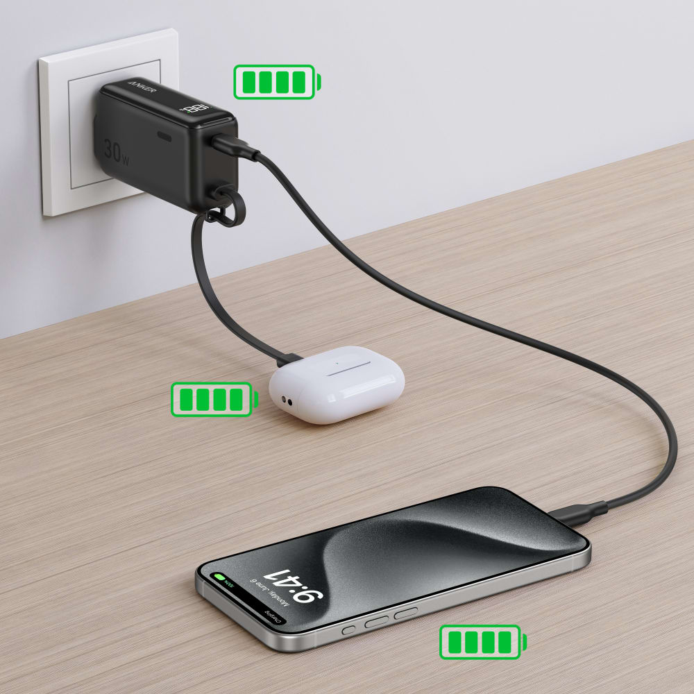 Anker Power Bank 5,000 mAh 22.5W with Built in USB C Cable and Fusion Wall Charger 30W-Black by Anker