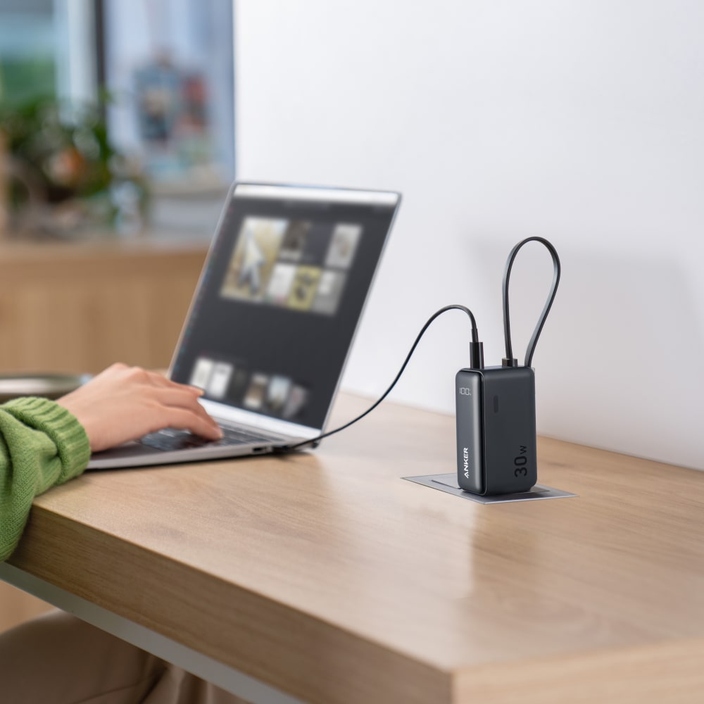 Anker Power Bank 5,000 mAh 22.5W with Built in USB C Cable and Fusion Wall Charger 30W-Black by Anker