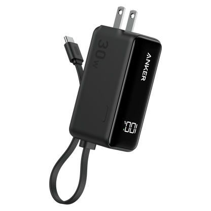 Anker Power Bank 5,000 mAh 22.5W with Built in USB C Cable and Fusion Wall Charger 30W-Black