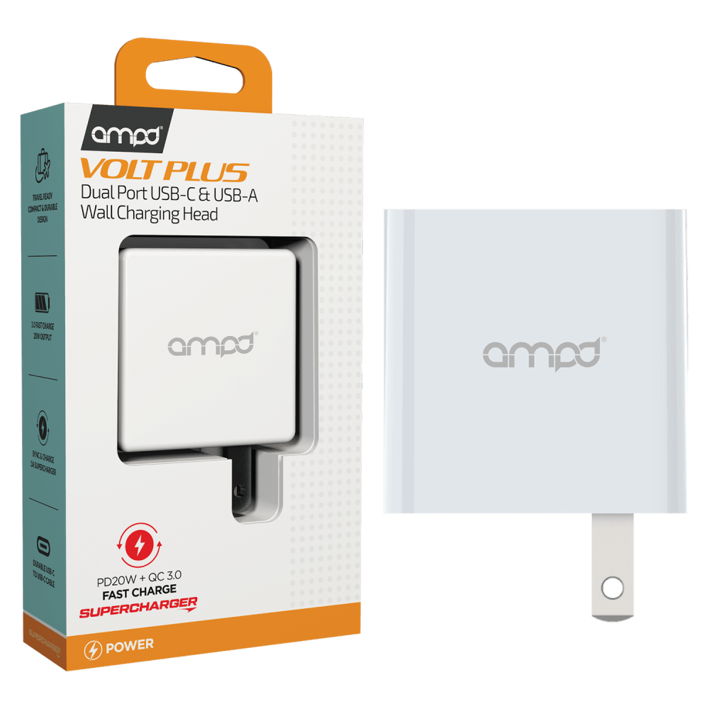 AMPD PD Fast 20W USB C and USB A Dual Port Wall Charger-White by AMPD
