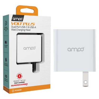 AMPD PD Fast 20W USB C and USB A Dual Port Wall Charger-White by AMPD