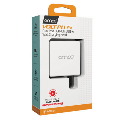 AMPD PD Fast 20W USB C and USB A Dual Port Wall Charger-White by AMPD