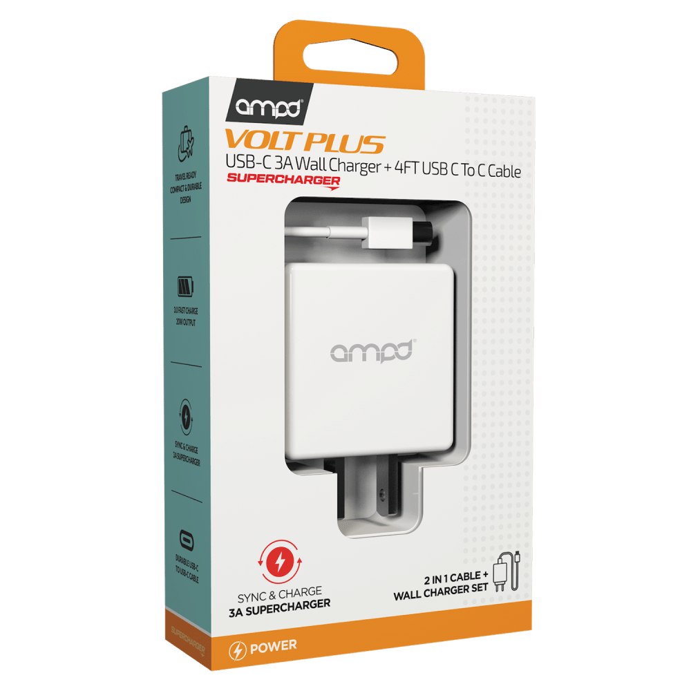 AMPD PD Fast 20W USB C Wall Charger with USB C to USB C Cable 4ft-Black by AMPD