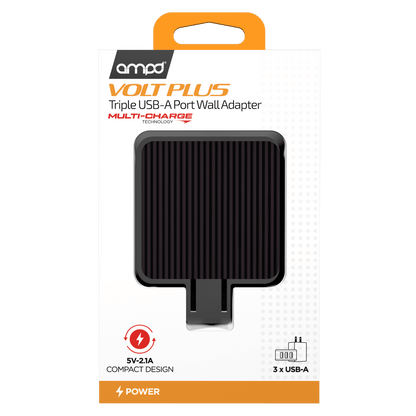 AMPD Volt Plus Triple USB A Port Wall Charger-Black by AMPD