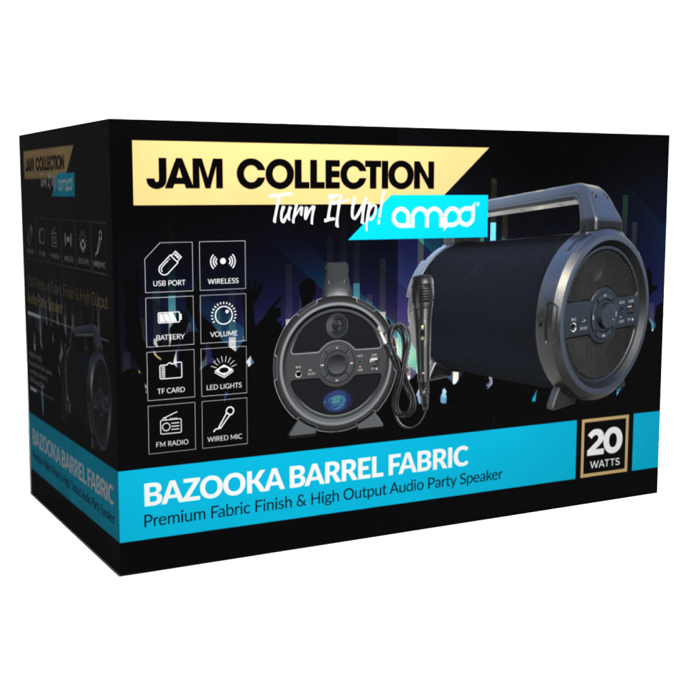 AMPD Bazooka Barrel Fabric Bluetooth Speaker with Microphone-Black by AMPD