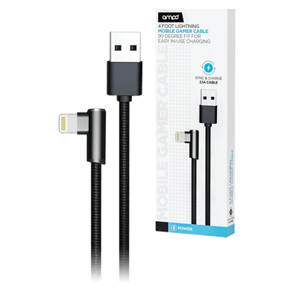 AMPD 90 Degree Gamer USB A to Apple Lightning Cable-Black by AMPD