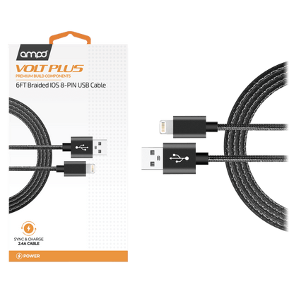 AMPD Volt Plus USB A to Apple Lightning Braided Cable 6ft-Black by AMPD
