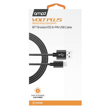 AMPD Volt Plus USB A to Apple Lightning Braided Cable 6ft-Black by AMPD