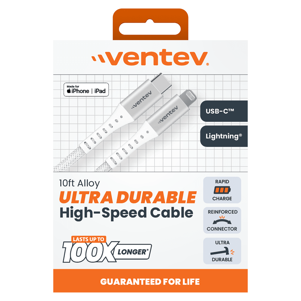 Ventev Alloy USB A to Apple Lightning High Speed Ultradurable 10 Foot Cable-- by Ventev