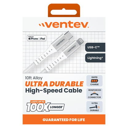 Ventev Alloy USB A to Apple Lightning High Speed Ultradurable 10 Foot Cable-- by Ventev