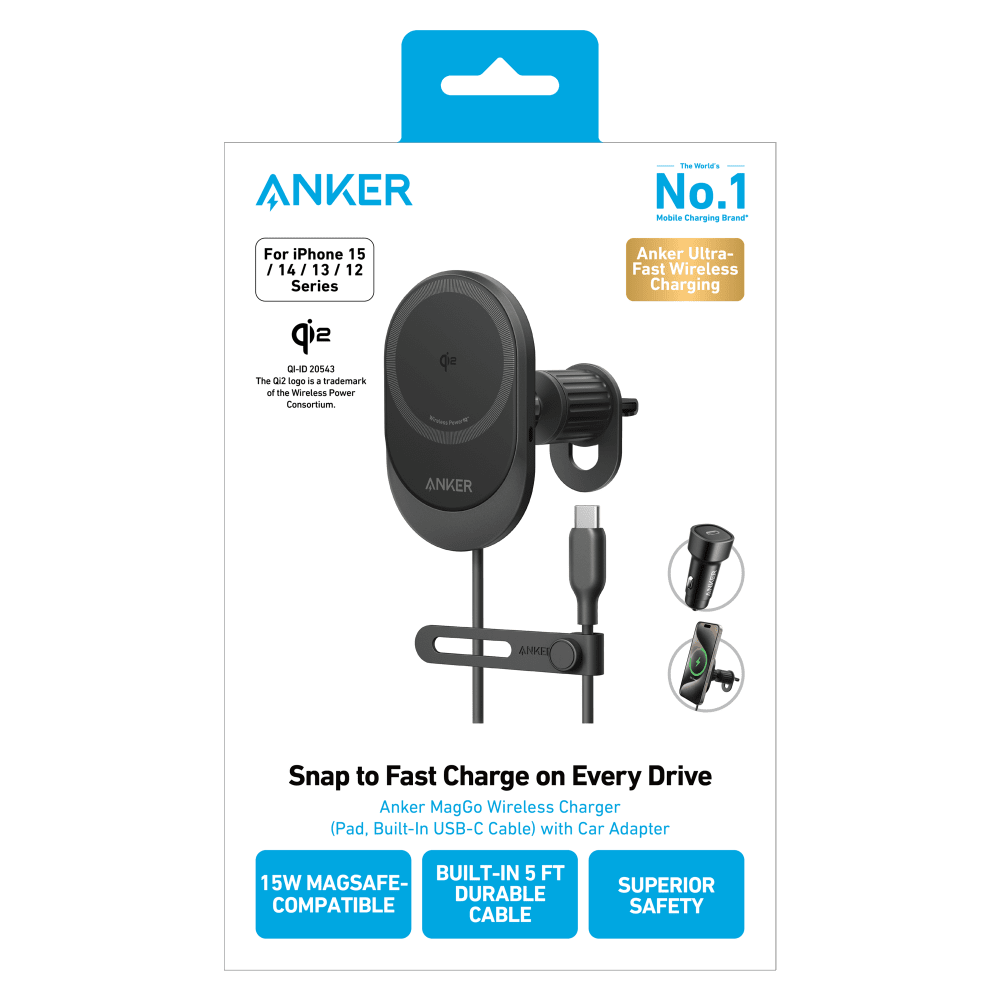 Anker Qi2 15W Sliding Vent Car Mount Charger with 25W Car Charger-Black by Anker