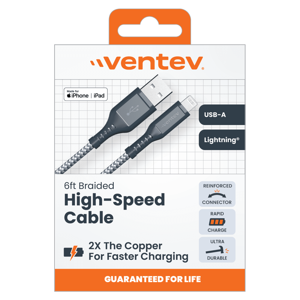 Ventev Braided USB A to Apple Lightning High Speed 6 Foot Cable-Gray by Ventev