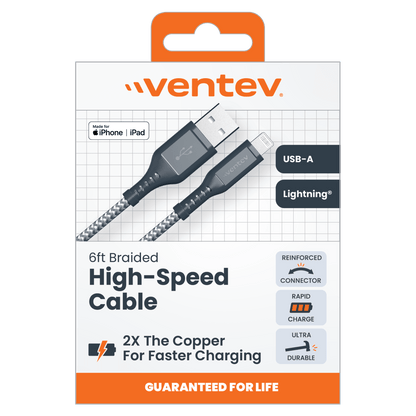 Ventev Braided USB A to Apple Lightning High Speed 6 Foot Cable-Gray by Ventev