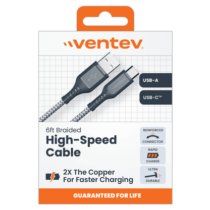 Ventev Braided USB A to USB C High Speed 6 Foot Cable-Gray by Ventev