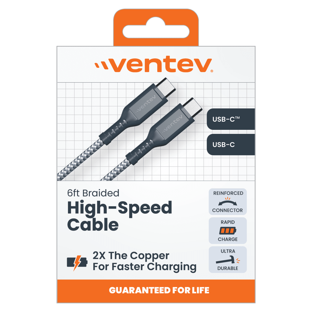 Ventev Braided USB C to USB C High Speed 6 Foot Cable-Gray by Ventev