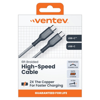 Ventev Braided USB C to USB C High Speed 6 Foot Cable-Gray by Ventev