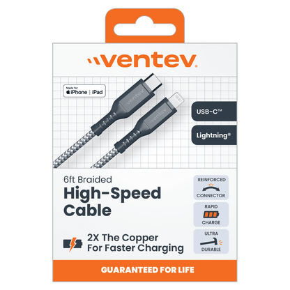 Ventev Braided USB C to Apple Lightning High Speed 6 Foot Cable-Gray by Ventev