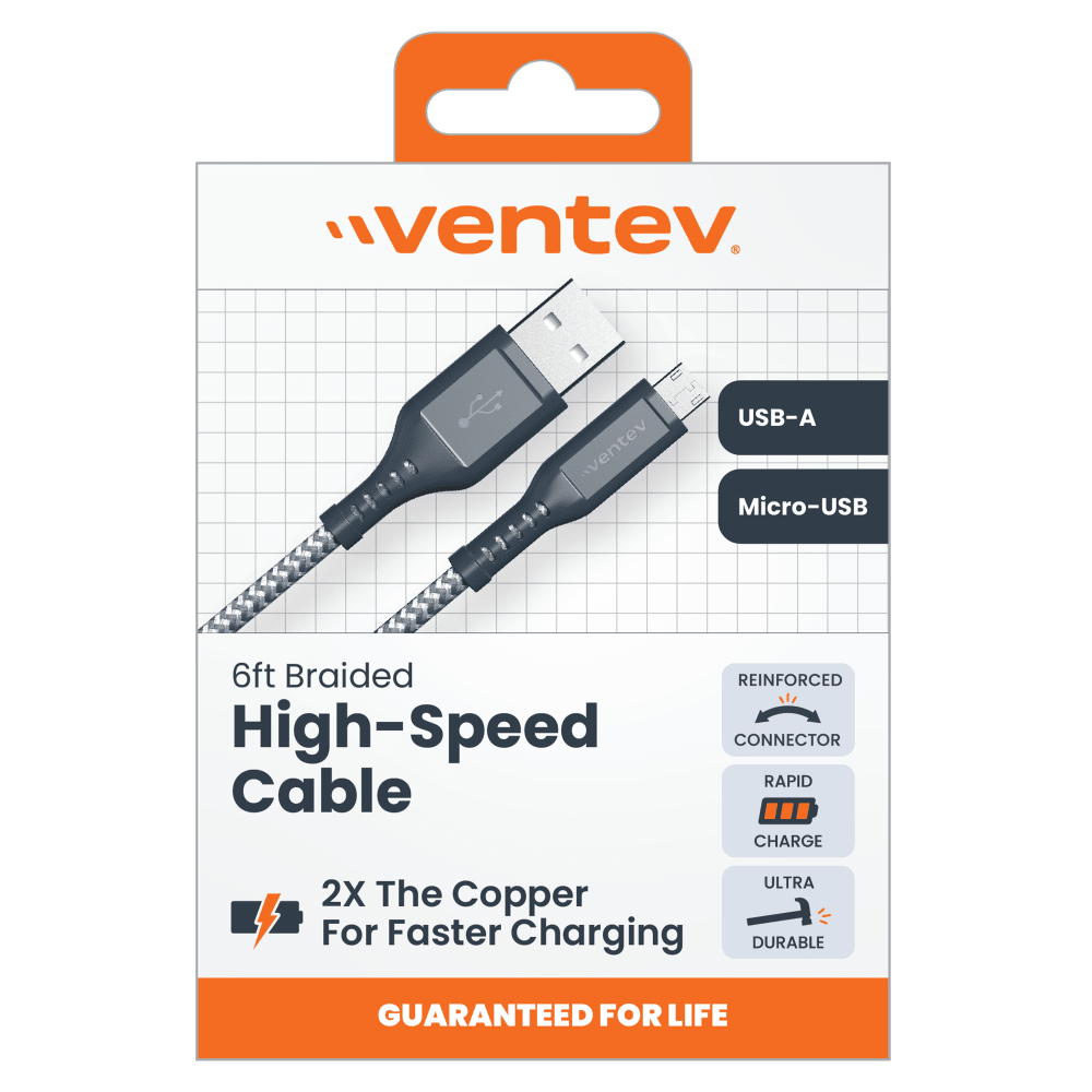 Ventev Braided USB A to Micro USB High Speed 6 Foot Cable-Gray by Ventev