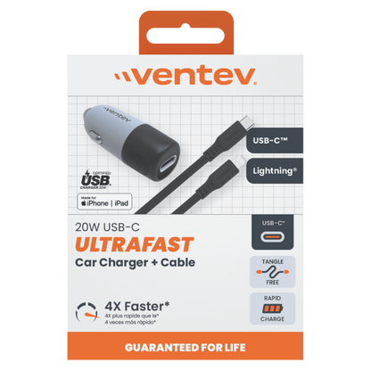 Ventev 20W ULTRAFAST USB C Universal Car Charger and USB C to Apple Lightning Cable-Gray by Ventev
